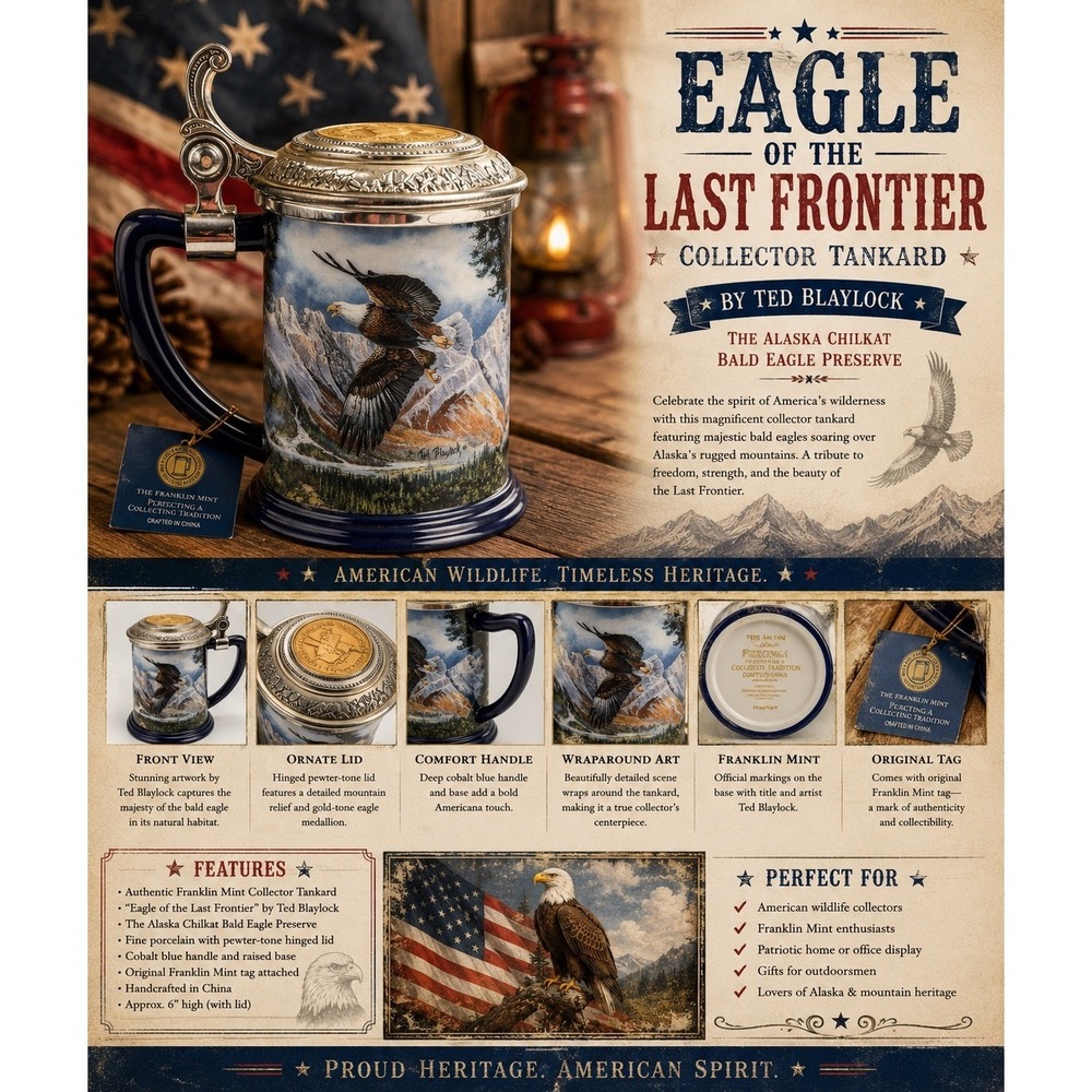 Franklin Mint Ted Blaylock Eagle of the Last Frontier Collector Tankard Stein